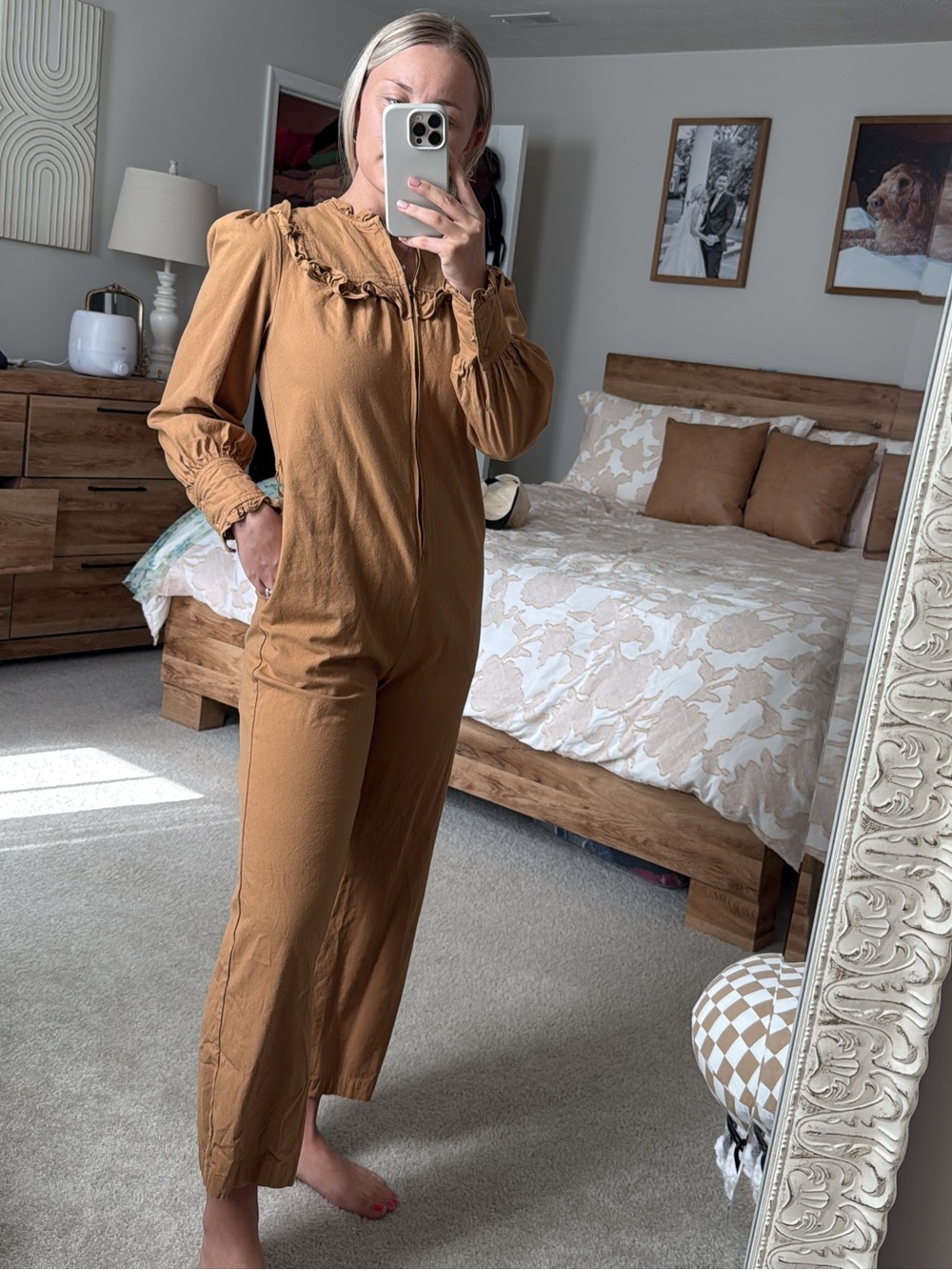 VICI Womens Ruffle-Neck Jumpsuit in Camel